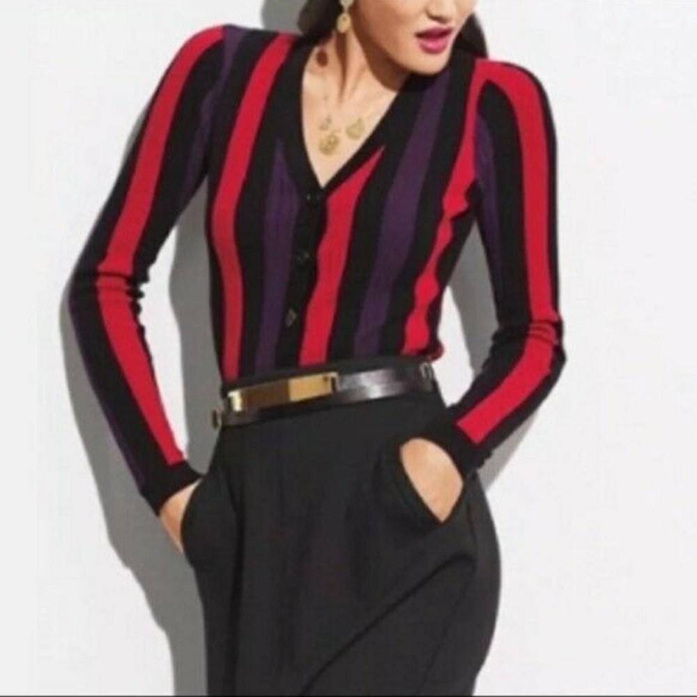 CAbi Style #3538 Royal Pullover Purple Red Black Stripe Long Sleeve Sweater